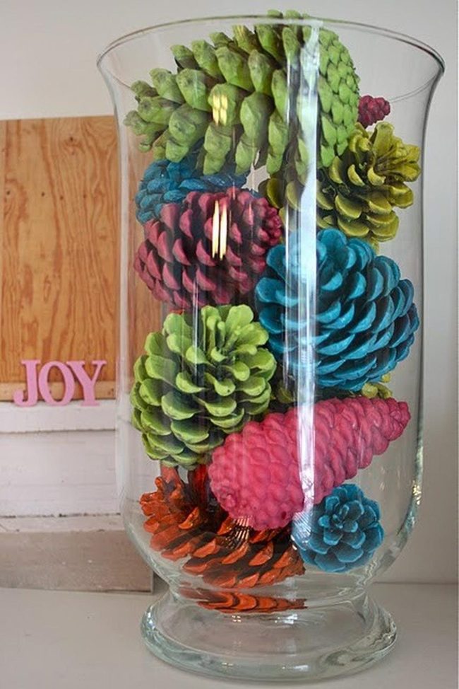 Colorful Pinecones In Glass