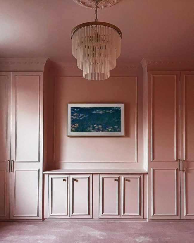 Pink Bedroom With Fringe Chandelier