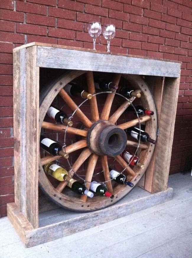 Aged Wood Wagon Wheel Wine Rack