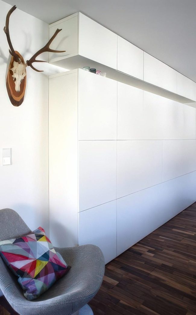 White Cabinets, Dark Floors, Deer Skull