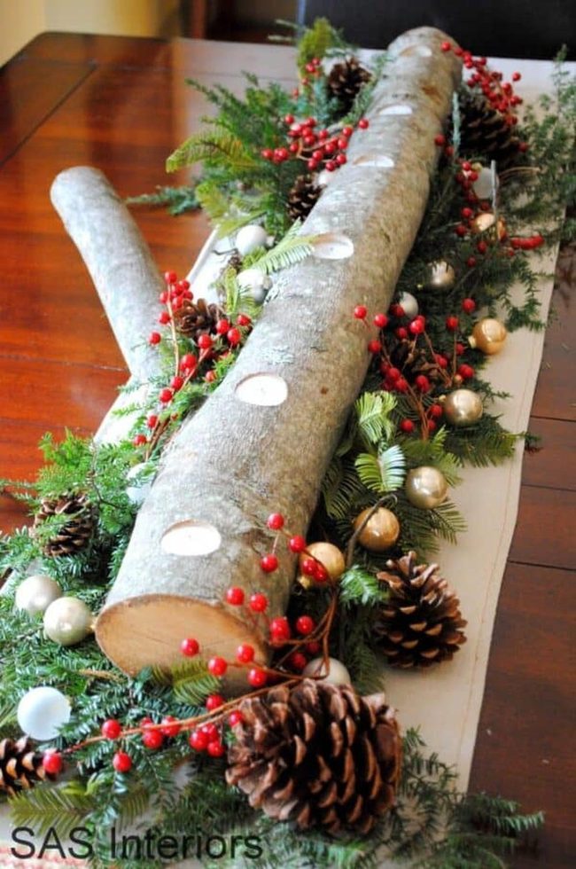 Evergreen Log Mantel With Organic Layers