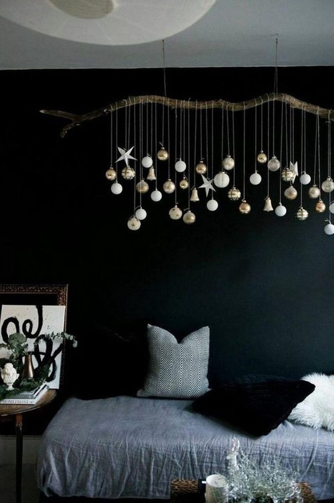 Black Walls, Wooden Branch Chandelier