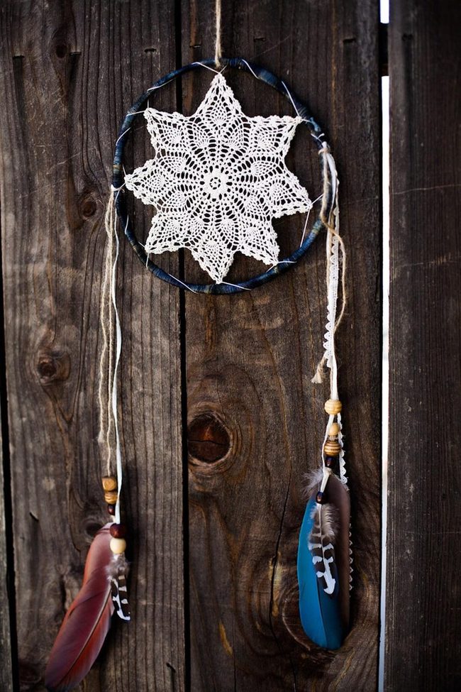 White Lace Dreamcatcher, Deep Feathers
