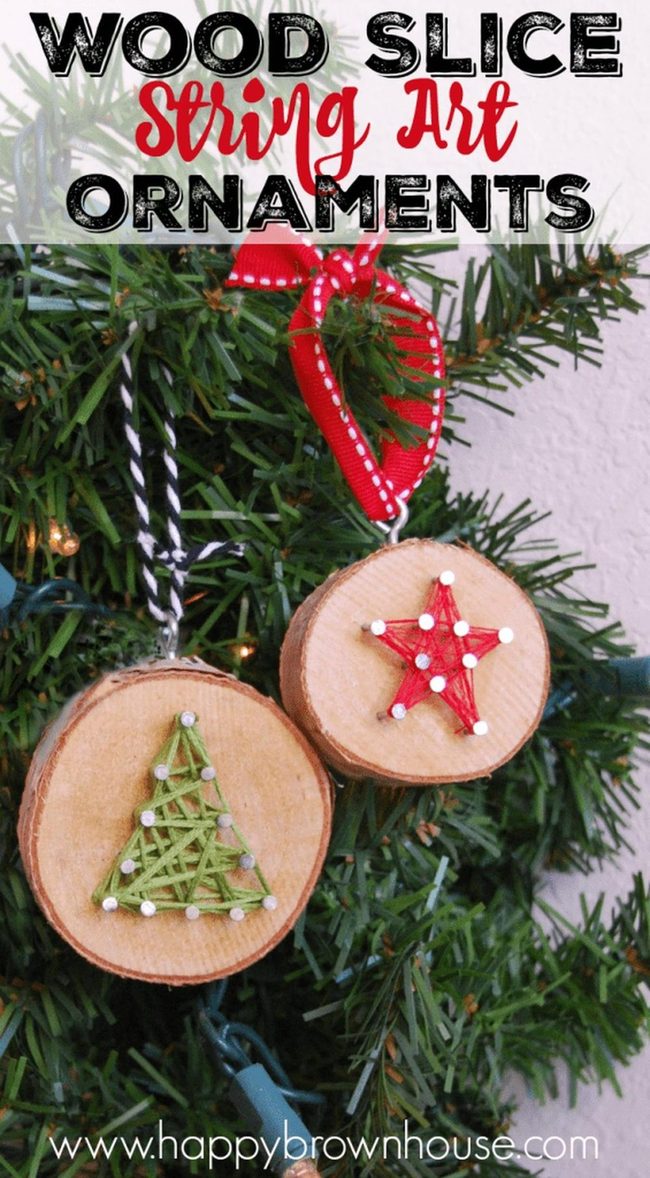 Red String Stars On Wood Slices