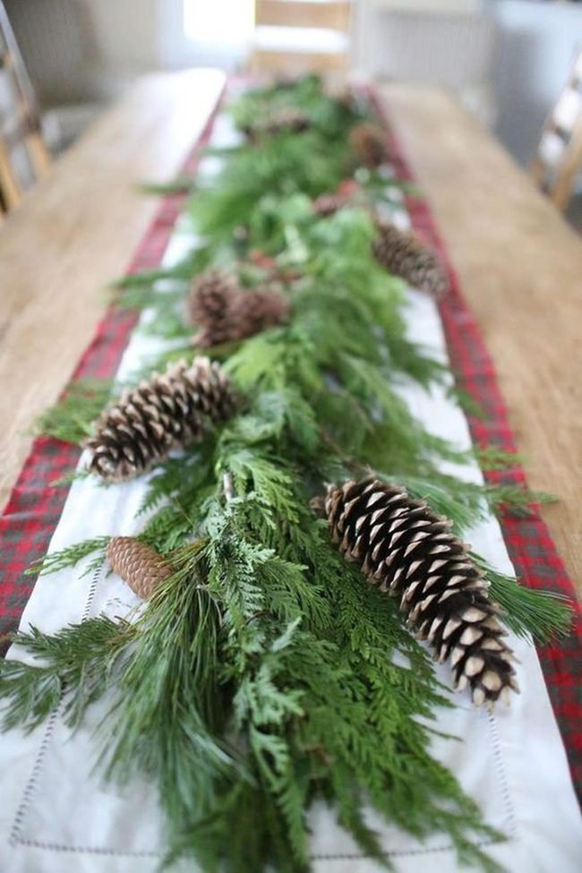 Pinecone Centerpiece With Plaid Runner