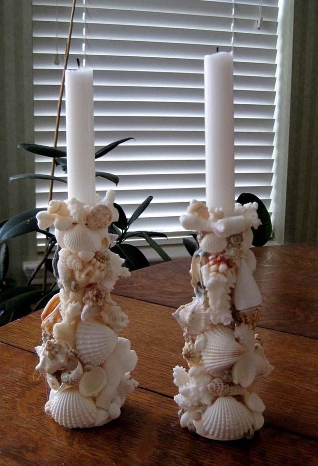 Seashell-Wrapped Wooden Candleholders