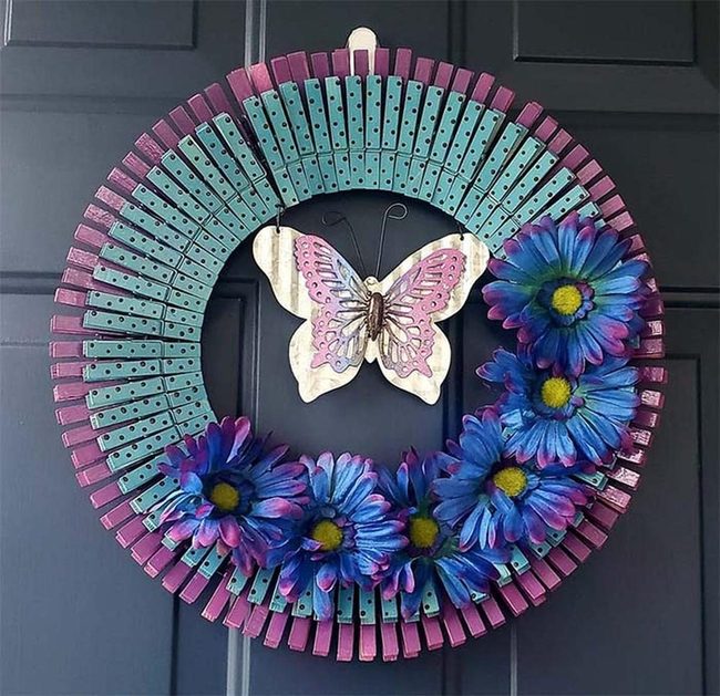 Turquoise Purple Clothespin Wreath