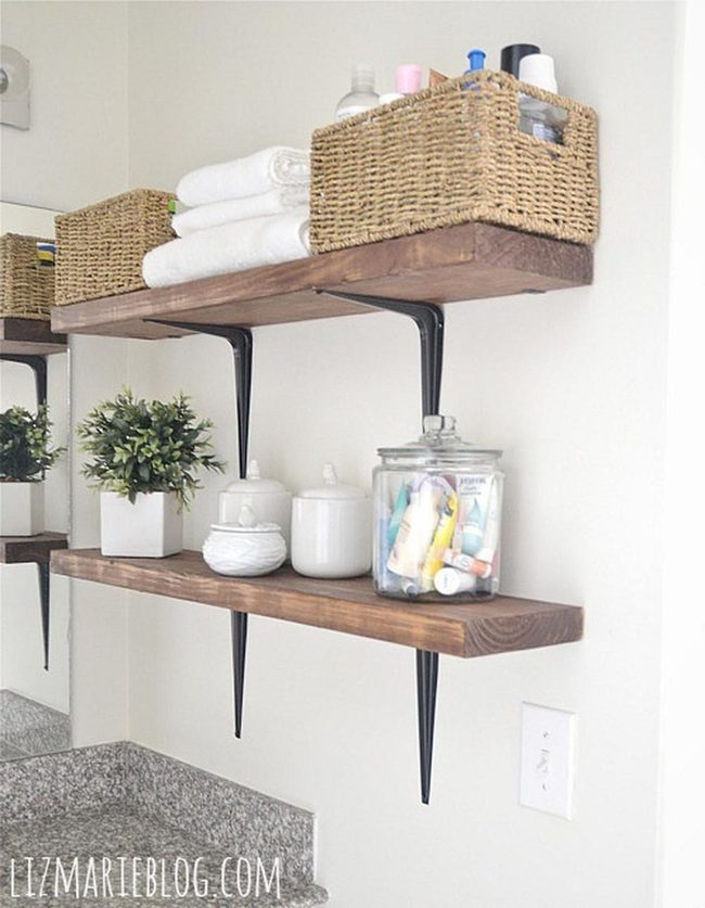 Wood Shelves, Black Metal, Granite