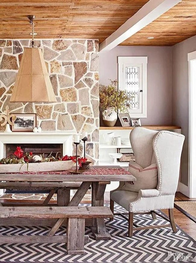 Stone Fireplace With Wooden Beams
