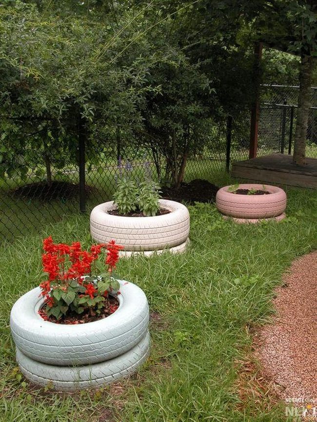 Stacked Tires Burst Blooms
