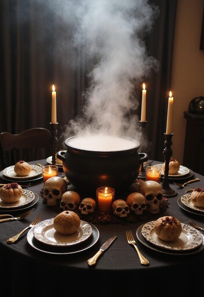 Dark Table With Spooky Cauldron Centerpiece