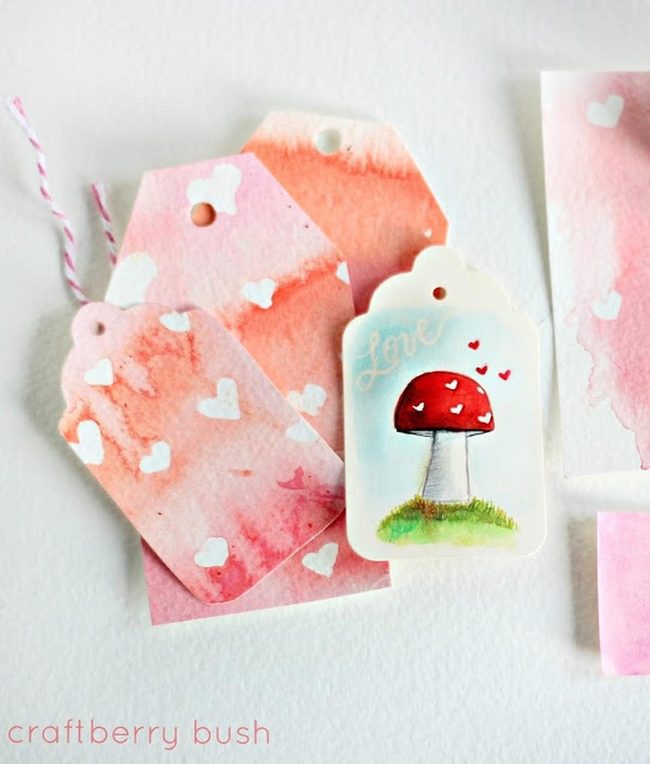 Pink Watercolor Gift Tags With Red Mushroom