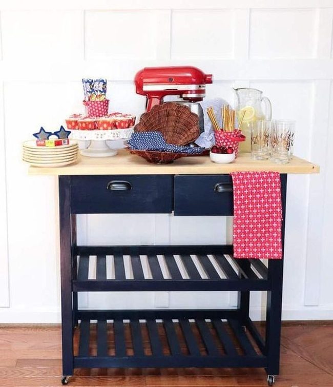 Blue Base Kitchen Cart With Wood Top