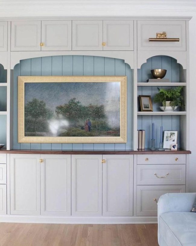 Blue Arched Alcoves Over Gray Cabinets