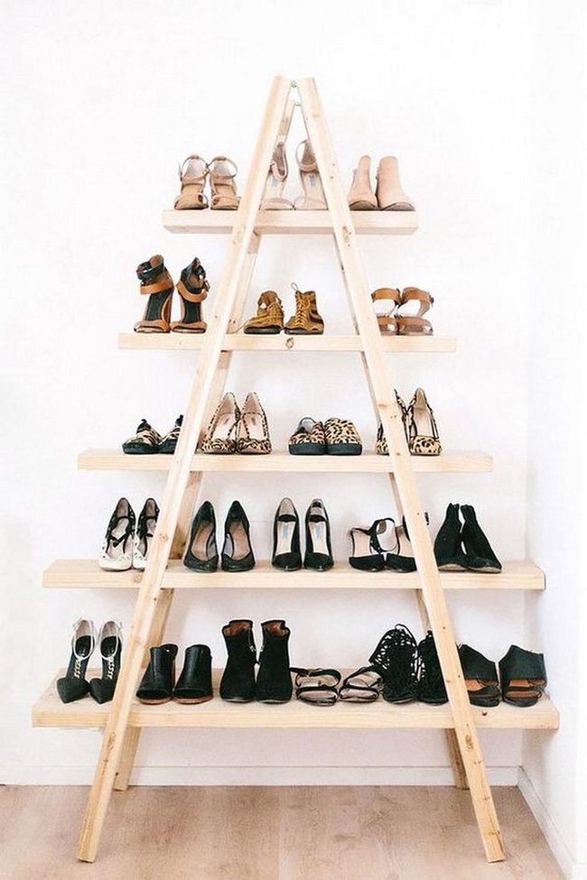 Wooden Shelves On Stepladder Corner