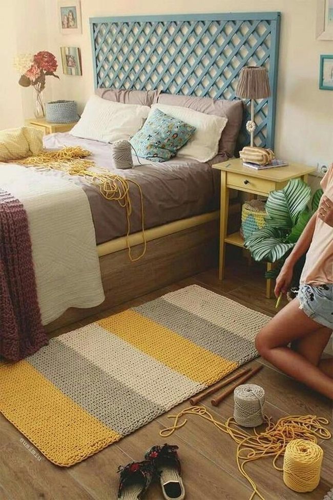 Blue Lattice Bedroom With Yellow Accents
