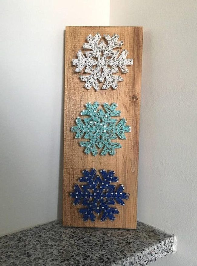 String Art Snowflakes On Wood
