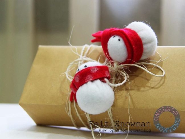 Twine-Wrapped Brown Packages Felt Snowmen