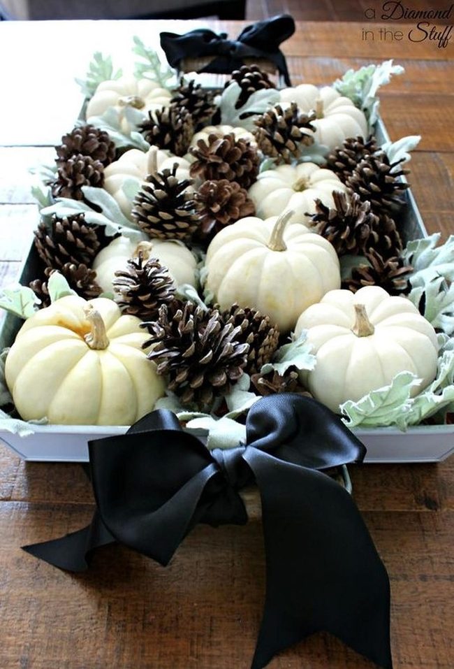 White Pumpkins, Pinecones, Dusty Green