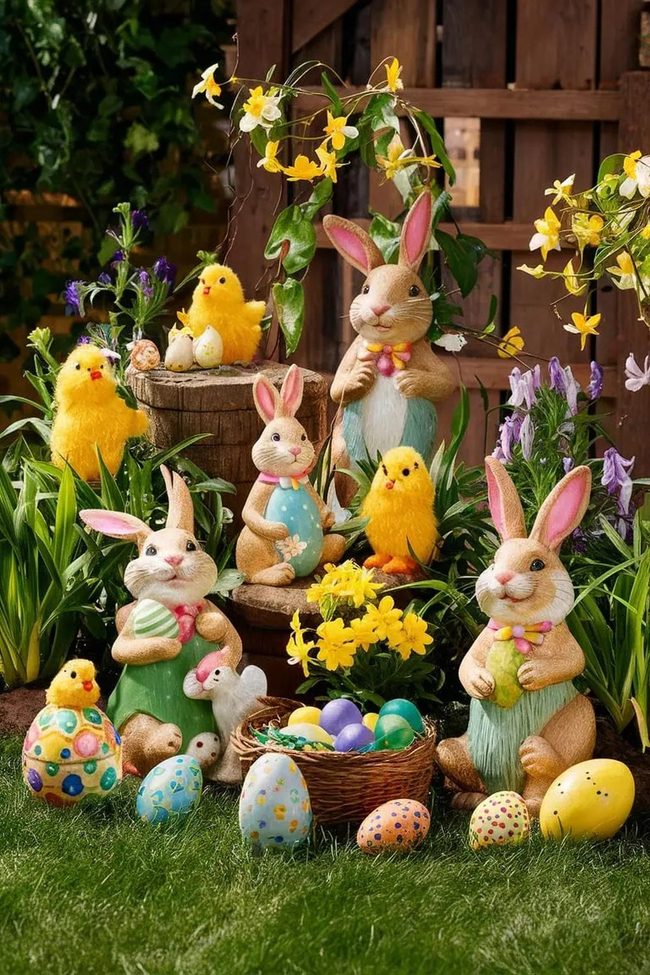Pastel Bunnies And Eggs Among Spring Blooms