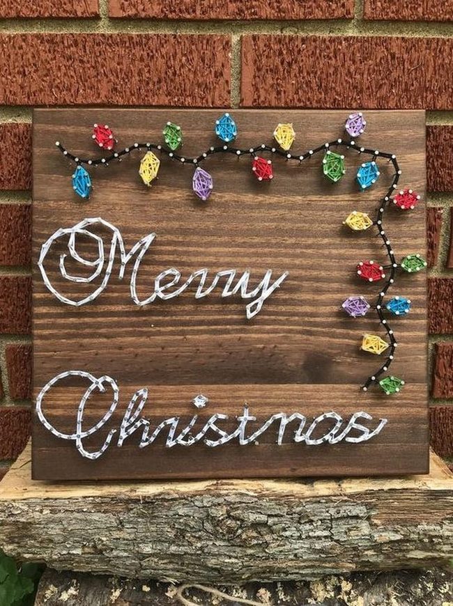 White Thread Merry Christmas Wood