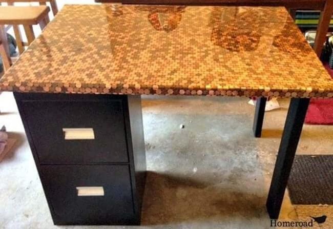 Penny-Studded Desk Surface