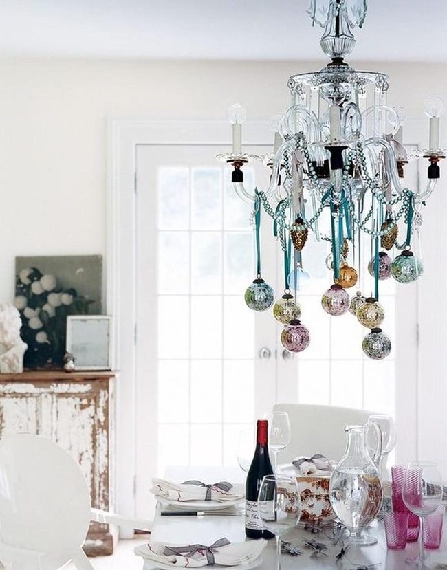 Multicolored Glass Chandelier Over Dining
