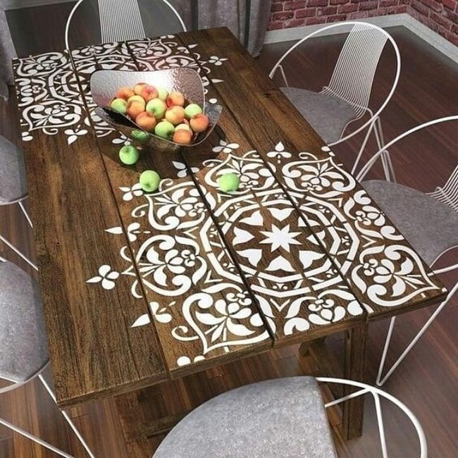 Stenciled Wood Table With Fresh Fruit