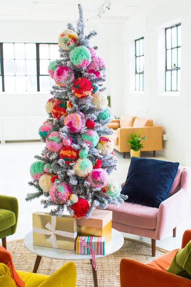Fluffy Pink Tree, Gold Presents, Colorful Chairs