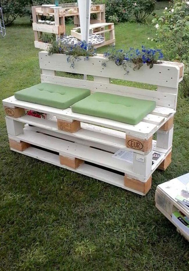 White Pallet Bench Green Cushions