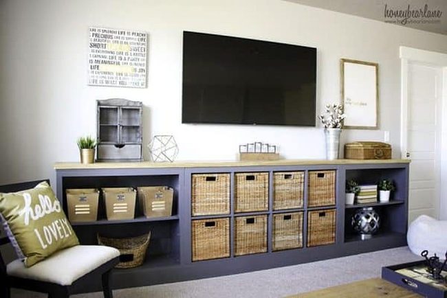 Grey-Blue Kallax With Rattan Systems