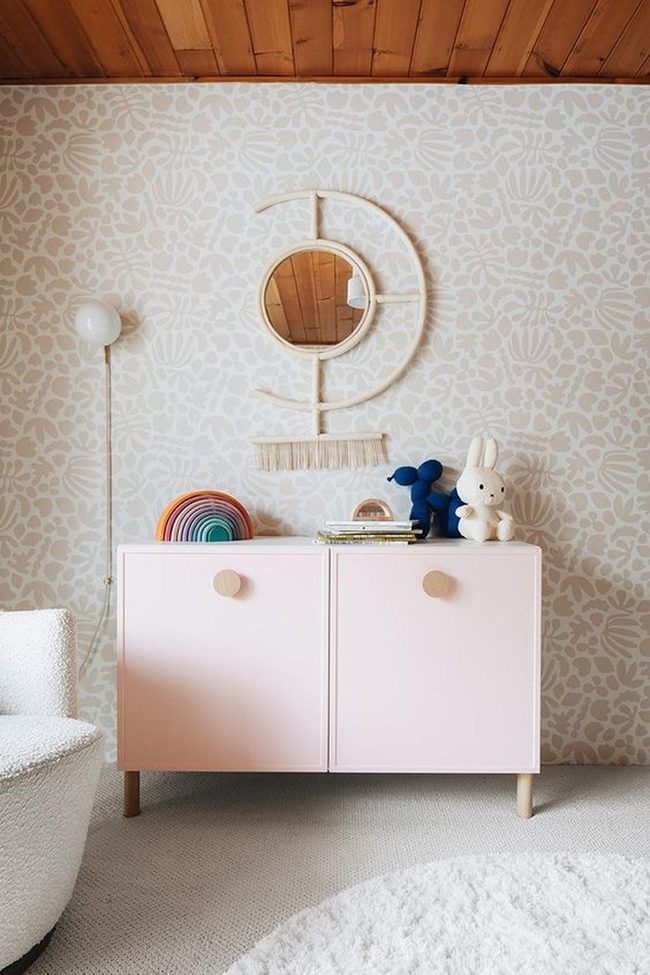 Pink Cabinets, Woven Mirrors