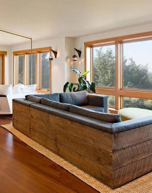 Green Windows, Gray Cushions, Wood Floors