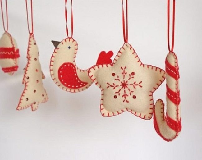 Cream Felt Ornaments Red Stitching
