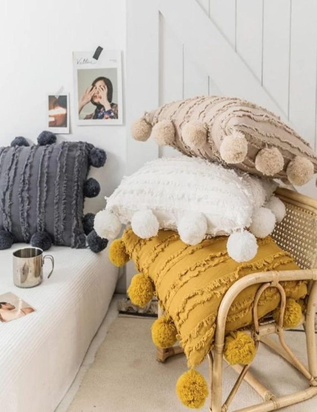 Mustard And Cream Pom-Pom Pillows