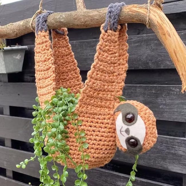 Crocheted Sloth Hanging Planter
