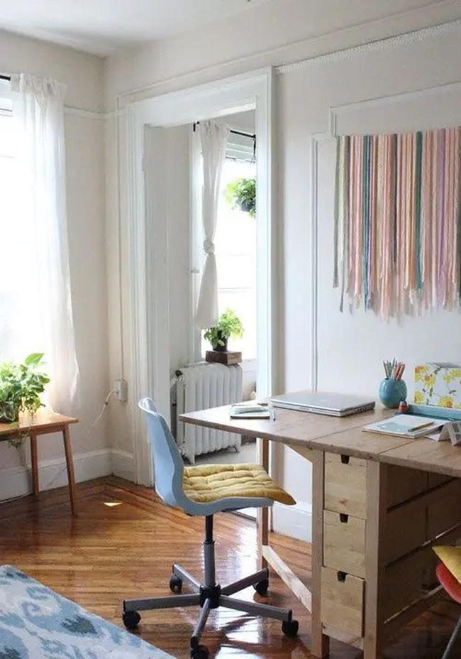 Golden Wooden Workspace With Blue Chair