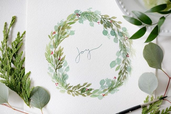 Watercolor Wreath With Red Berries