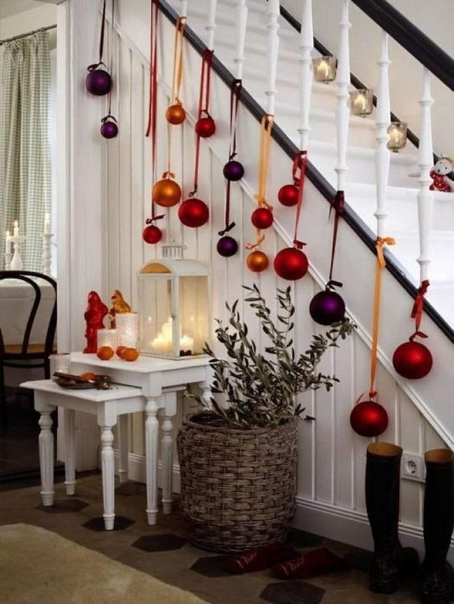 Jewel-Toned Ornaments White Staircase