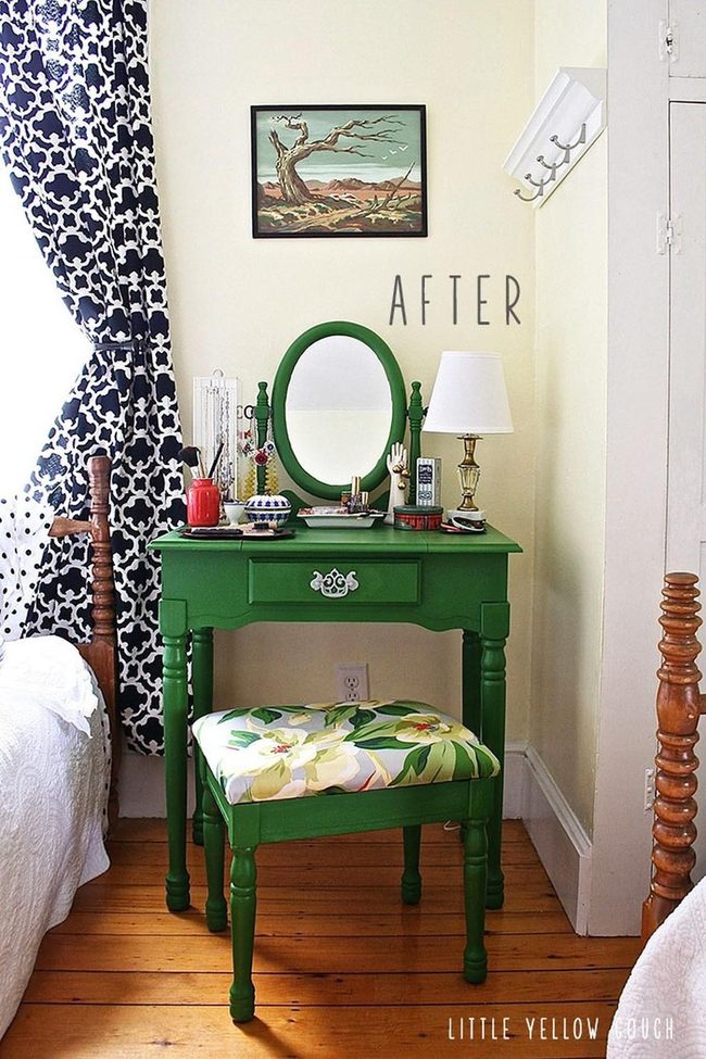 Emerald Vanity Corner With Blue Curtains