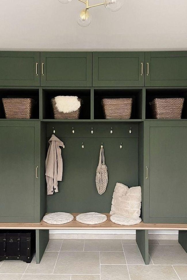 Deep Green Options Wall With Woven Baskets