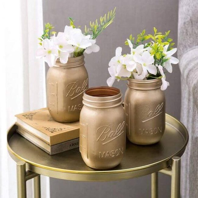 Golden Mason Jars With Fresh Blooms