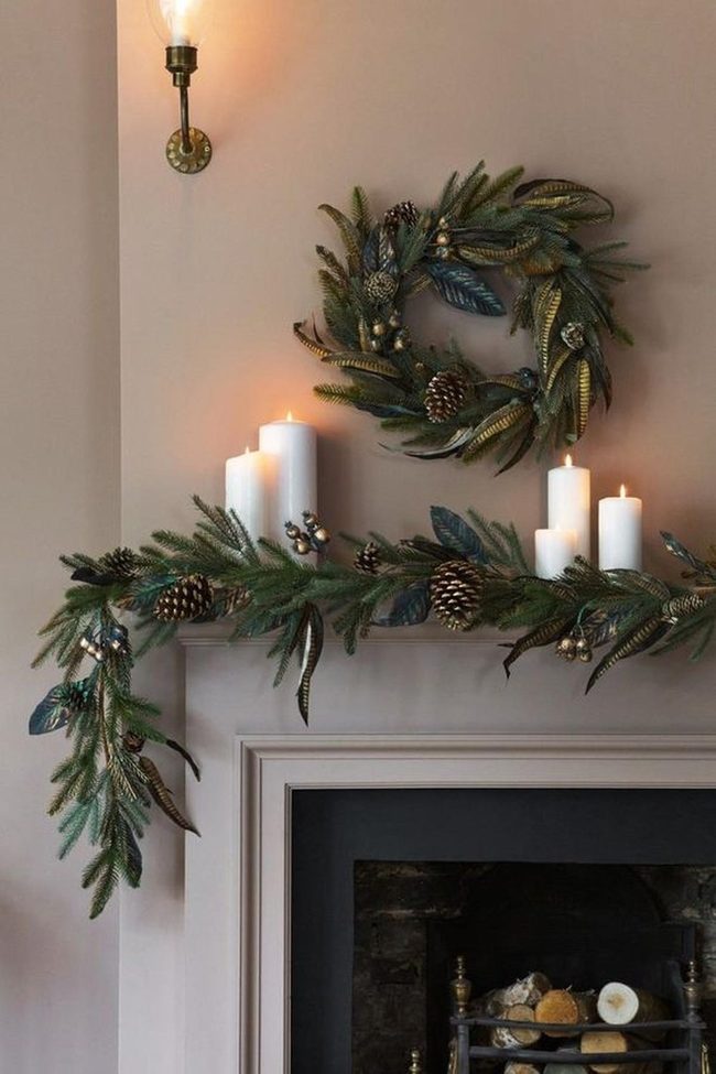 Pinecone Mantel With Candlelight
