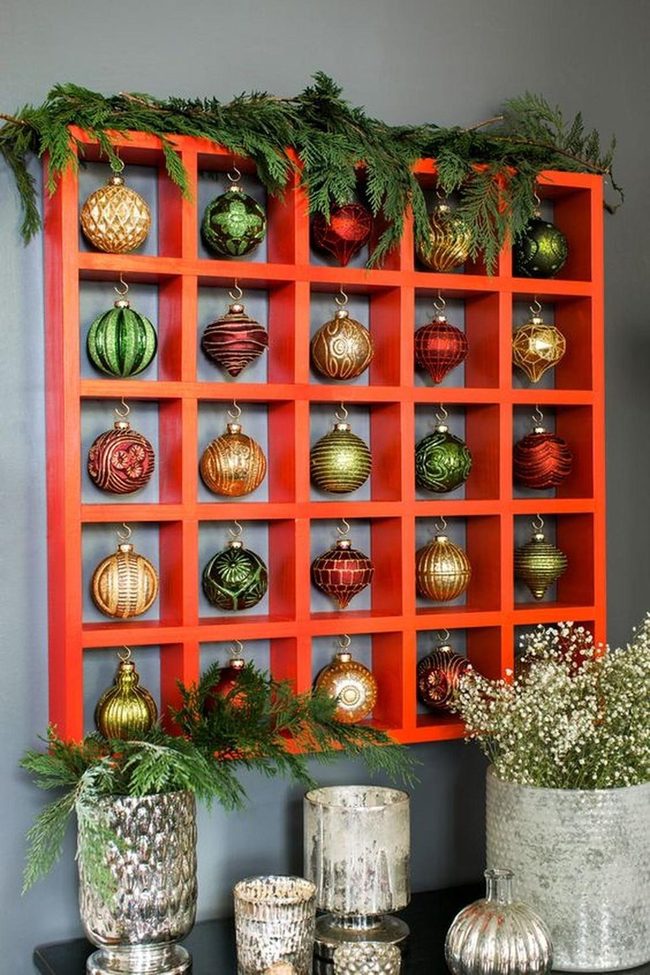 Gold Ornaments On Gray Shelves