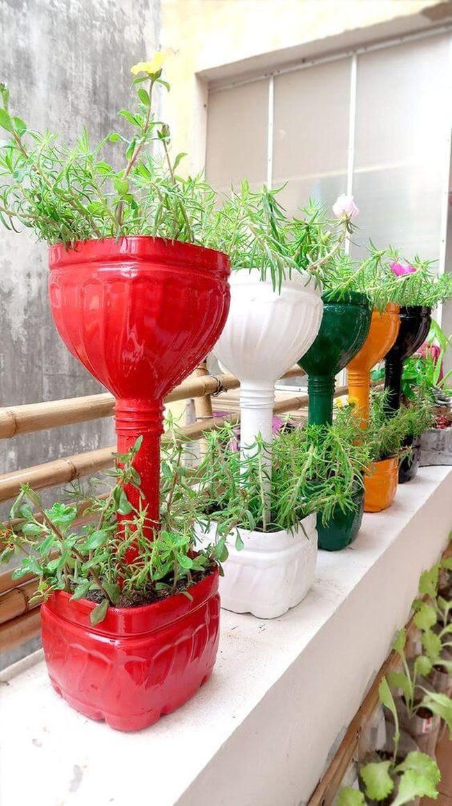 Red, White, Green Bottle Planters