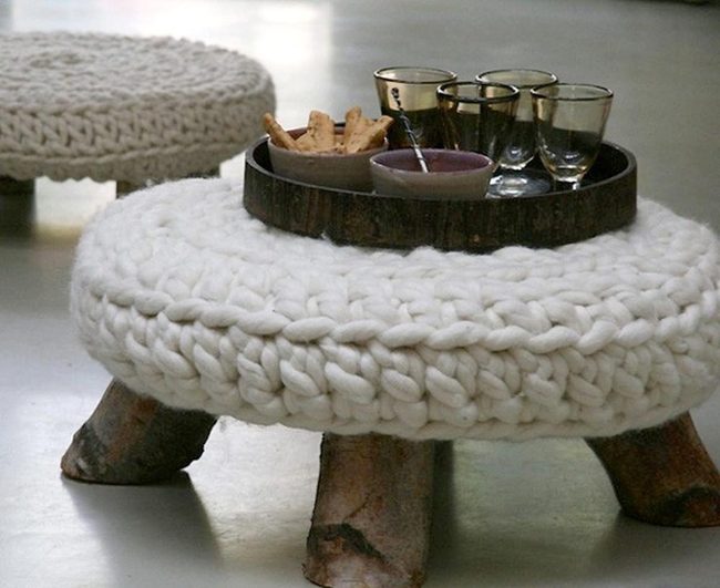 Chunky Knit Stools, Natural Wood
