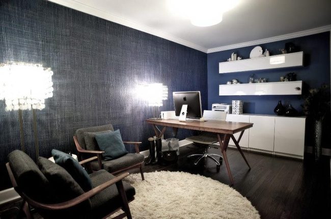 Deep Blue Workspace With Dark Wood