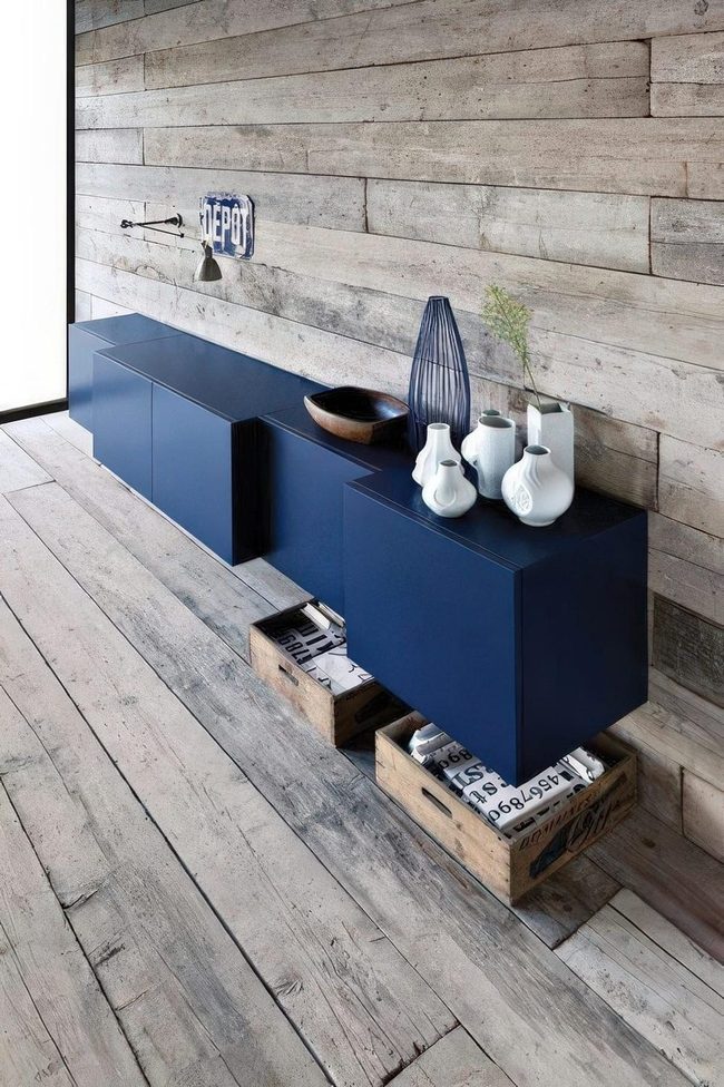 Navy Cabinet, Raw Wood Walls
