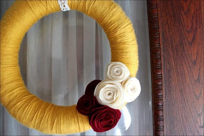Yellow Yarn Wreath With Red Florals