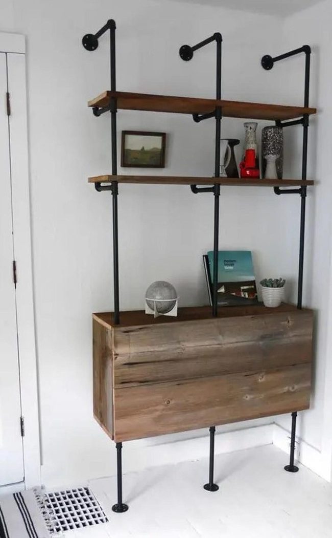 Wooden Shelves With Industrial Pipes